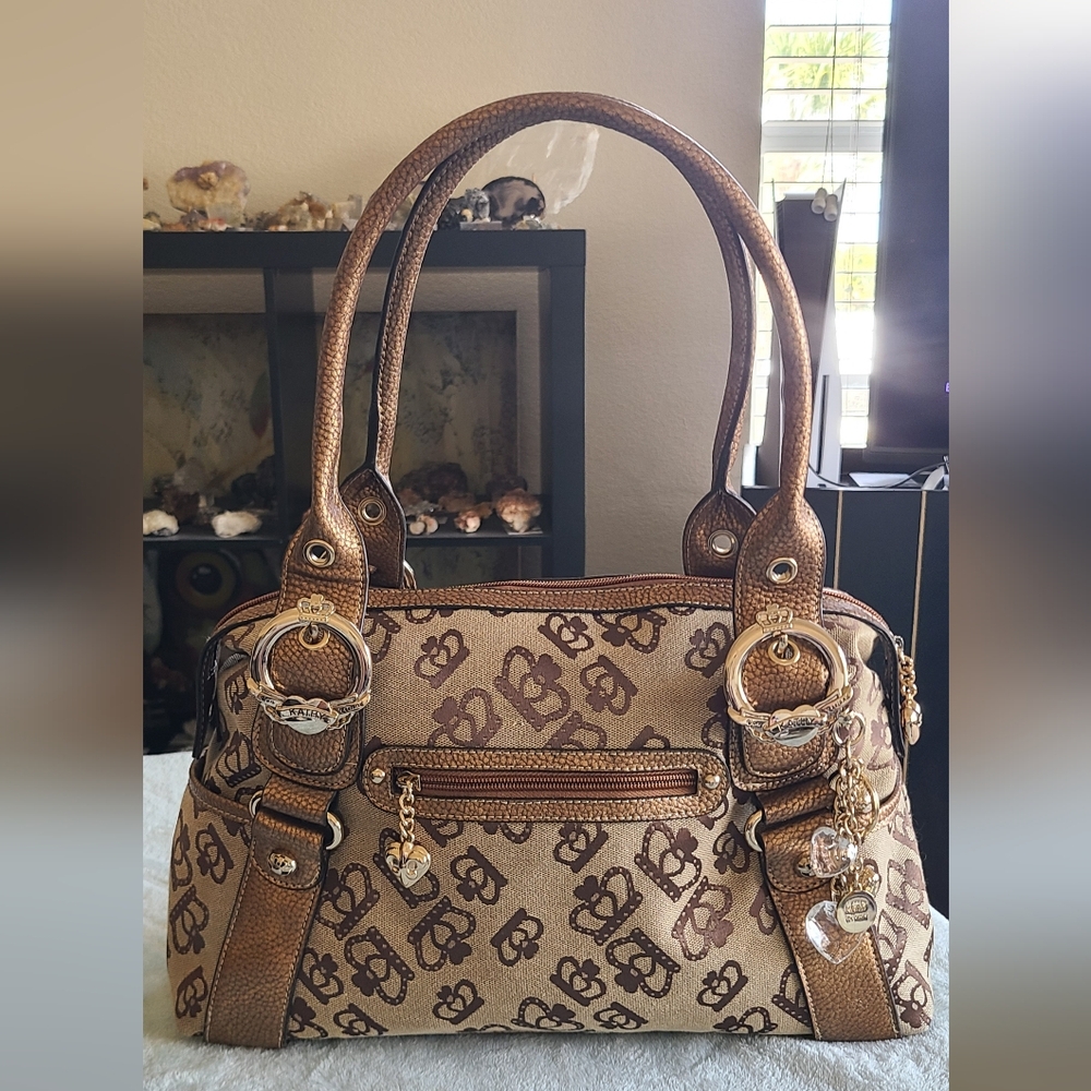 Kathy Van Zeeland brown crown print satchel tote